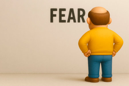 A man in yellow looks at the word fear on the wall. Space for textの素材
