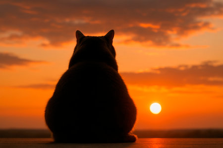 The silhouette of a cat against the background of the sunset, a thoughtful atmosphere. Space for textの素材