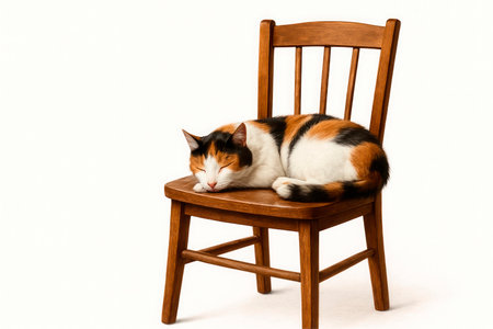 Tricolor cat sleeping on a wooden chair. Space for textの素材