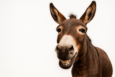 A donkey is smiling on a white background. Space for textの素材