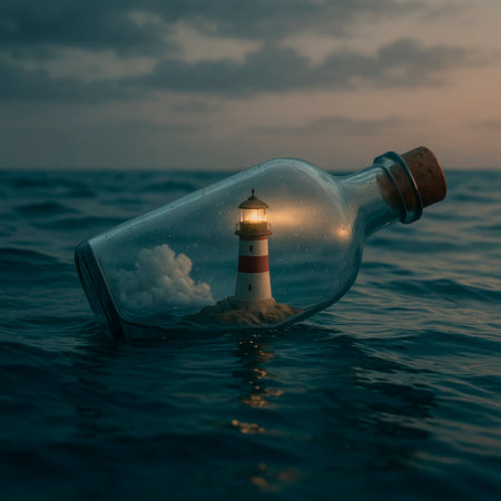 A lighthouse in a bottle floats on the sea at nightの素材
