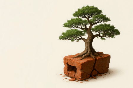 Bonsai tree on a piece of red earth with cracks. Space for textの素材