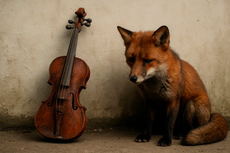 Sad fox sitting next to an old violin by the wallの素材