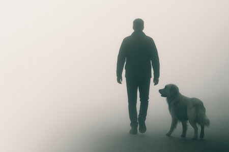 A man and a dog are walking in a thick fog, silhouettes. Space for textの素材