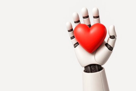Robot holding a red heart, isolated on a white background. Space for textの素材