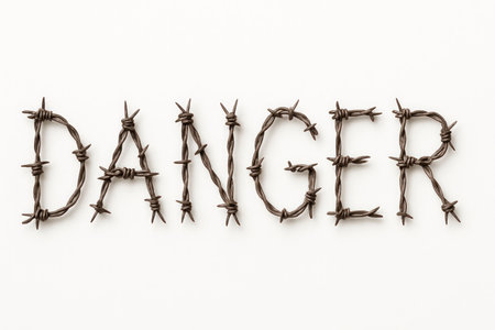 The word DANGER is made of barbed wire, isolated on a white backgroundの素材