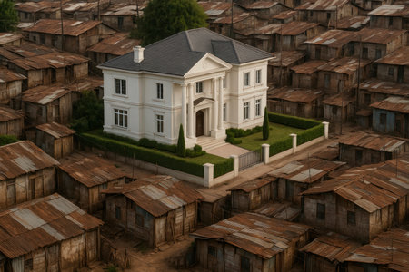 A luxurious white house among old slums, the contrast of wealth and povertyの素材