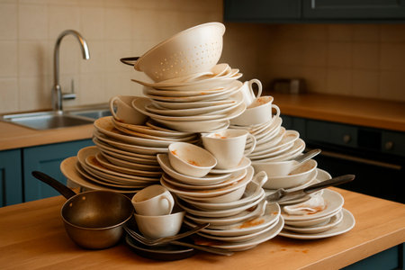 A mountain of dirty dishes on the kitchen tableの素材