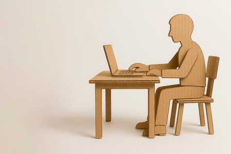 A man at a cardboard laptop, working at home. Space for textの素材