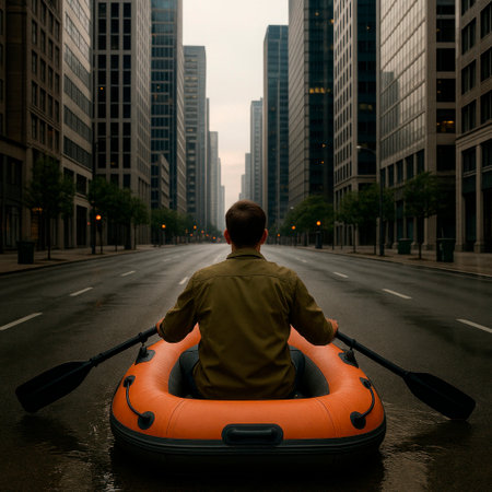 A man in a boat rows along an empty street of a metropolisの素材