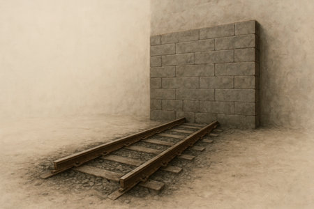 The railroad tracks rest against a brick wall, a metaphor for a dead end. Space for textの素材