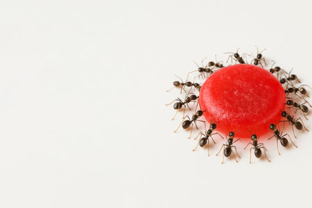 Ants around a red candy on a white background. Space for textの素材