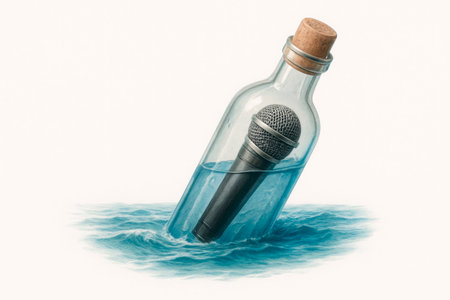 A microphone in a bottle floating in the sea. Space for textの素材