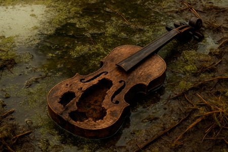 An old ruined violin lies on the dirty groundの素材