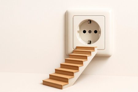 A staircase leading to an electrical outlet on a white background. Space for textの素材