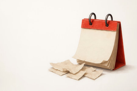 Desk calendar with torn sheets lying on the surface. Space for textの素材