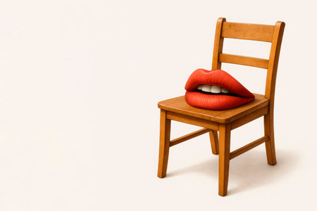 Lips on a wooden chair, talking objects. Space for textの素材