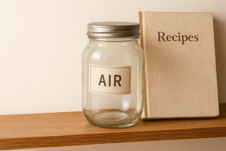 A jar of air and a cookbook on a wooden shelf. Space for textの素材