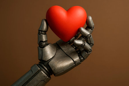 Robot holding a red heart on a brown background. Space for textの素材