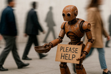 Rusty robot with a PLEASE HELP sign among people on the streetの素材
