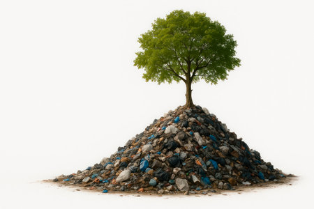 A green tree on top of a garbage mountain on a light background. Space for textの素材
