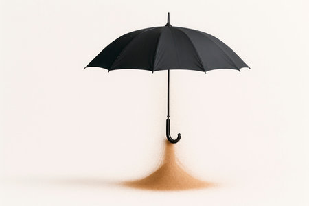 An umbrella from which sand pours on a white background. Space for textの素材
