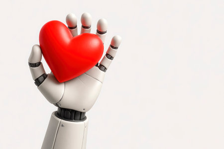 Robotic arm holding a red heart on a light background. Space for textの素材