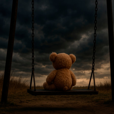 Lonely teddy bear on a swing under a dark skyの素材