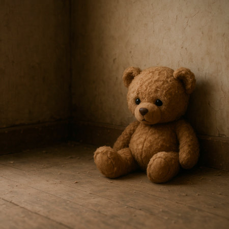 A lone teddy bear in the corner of an old room on a wooden floorの素材