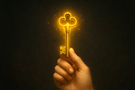 A hand holds a golden shining key on a dark background. Space for textの素材
