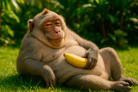 The monkey holds a banana and looks with a smileの素材