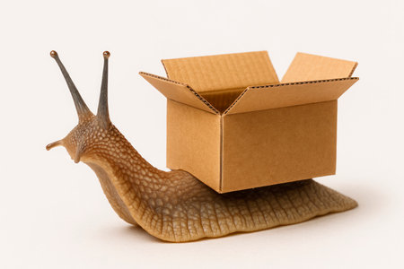 A snail carries a cardboard box on its back on a light backgroundの素材