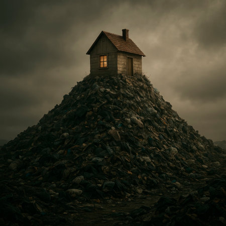 A house on top of a mountain of garbage under a dark skyの素材