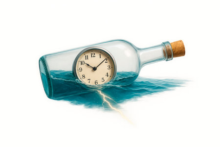 Alarm clock inside the bottle on the waves with lightning. Space for textの素材