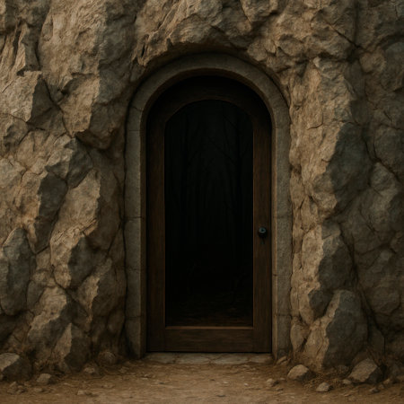 A wooden door in the rock that leads to a dark forestの素材