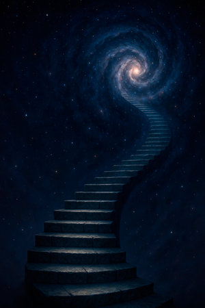A staircase leading into the spiral of a galaxy in the skyの素材