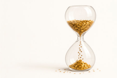 An hourglass with gold stars instead of sand. Space for textの素材