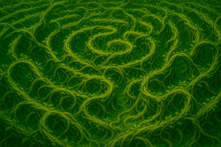 A labyrinth of intertwined green vines and leavesの素材