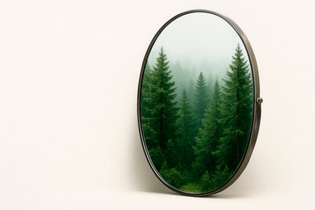A mirror in which the forest is reflected, connection with nature and contemplation. Space for textの素材