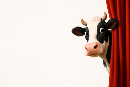 A funny cow peeks out from behind the red theater curtain. Space for textの素材