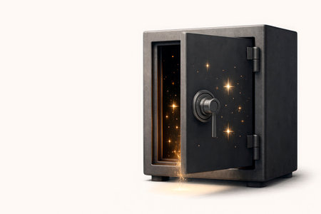 An open safe with shining golden stars inside on a light background. Space for textの素材