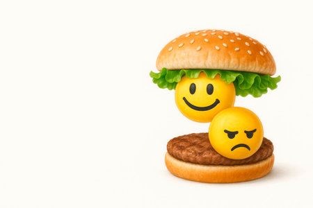 Burger with emotions: a smiling and angry face from emojis. Space for textの素材