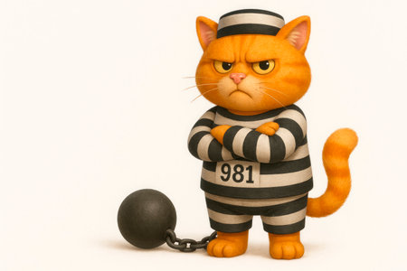 An angry ginger cat in a prison uniform and with a cannonball on a chain. Space for textの素材