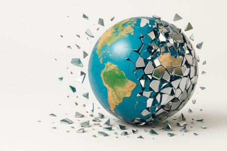 A globe that is shattering into fragments. Space for textの素材