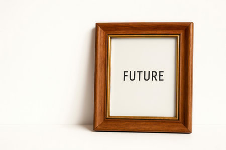 Wooden frame with FUTURE lettering on a light background. Space for textの素材