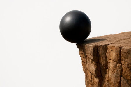 A black metal ball hangs over the edge of the cliff. Space for textの素材