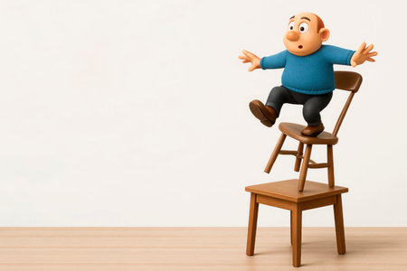 Cartoon man falling from a chair standing on another chair. Space for textの素材