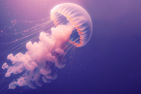 A jellyfish with long tentacles in purple-pink water. Space for textの素材