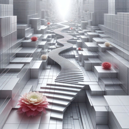 An abstract staircase made of cubes with flowers and light at the end of the pathの素材