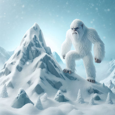 A yeti climbs a snowy mountain in the middle of a winter forestの素材